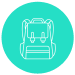 A turquoise circle with the white outline of a school bag inside it.