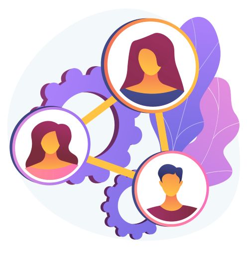 illustration of three people connected by a line with cogwheels in the background