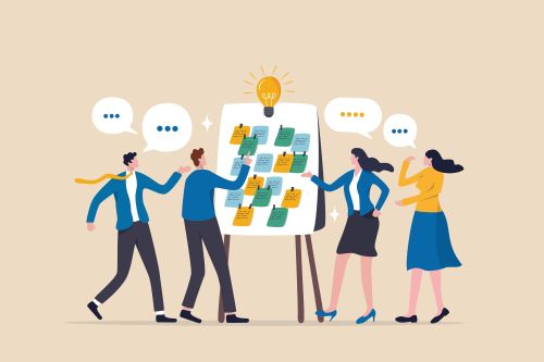 illustration of people with speech bubbles and sticky notes at a whiteboard