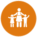 An orange circle with 3 white figures inside - a parent in the middle with two children either side.