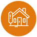 An orange circle with a white outline of a house inside.