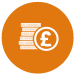 An orange circle with a white depiction of a pile of coins next to a pound sign inside.
