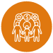 An orange circle with a white icon inside, depicting three figures, a house, money and health symbol.