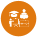 An orange circle with white outlines of a person reading, a person teaching, a mortar board and a briefcase inside.