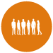 An orange circle with six white figures depicting young people inside.
