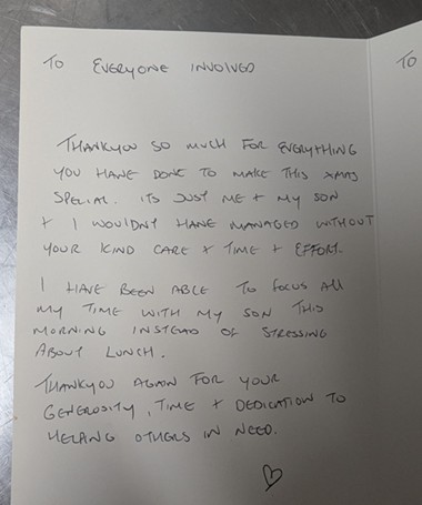 A photo of  card given to Alision Beattie and Brenda Moar, thanking them for providing the service.