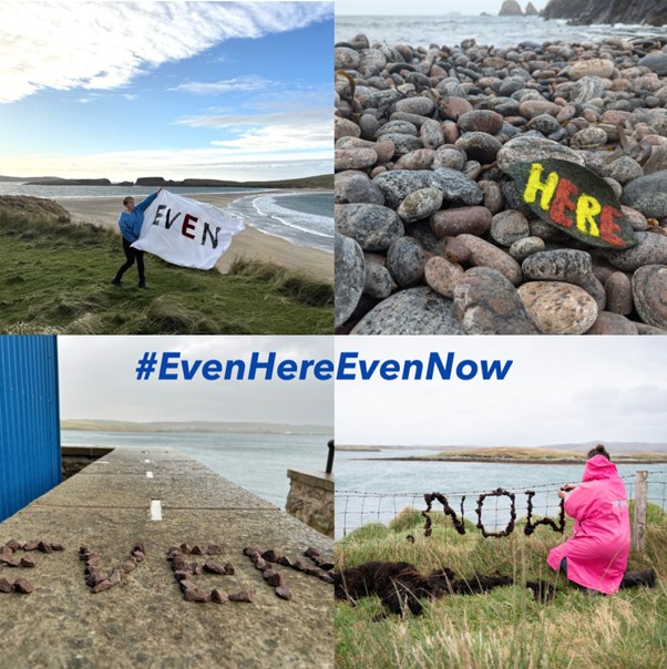 A collage of images of beach and rocks spelling out 'Even Here Even Now'.