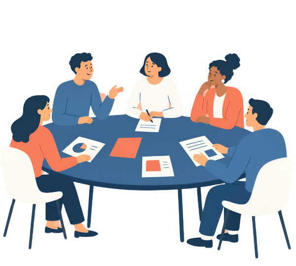 illustration of people sitting around at able providing feedback and discussing things