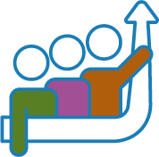 Three figures in a line, one in green, one in purple and one in orange. There is a white arrow, outlined blue, curving from bottom left to top right, pointing upwards.