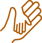 An orange outline of a large hand with a smaller hand laid across the palm.
