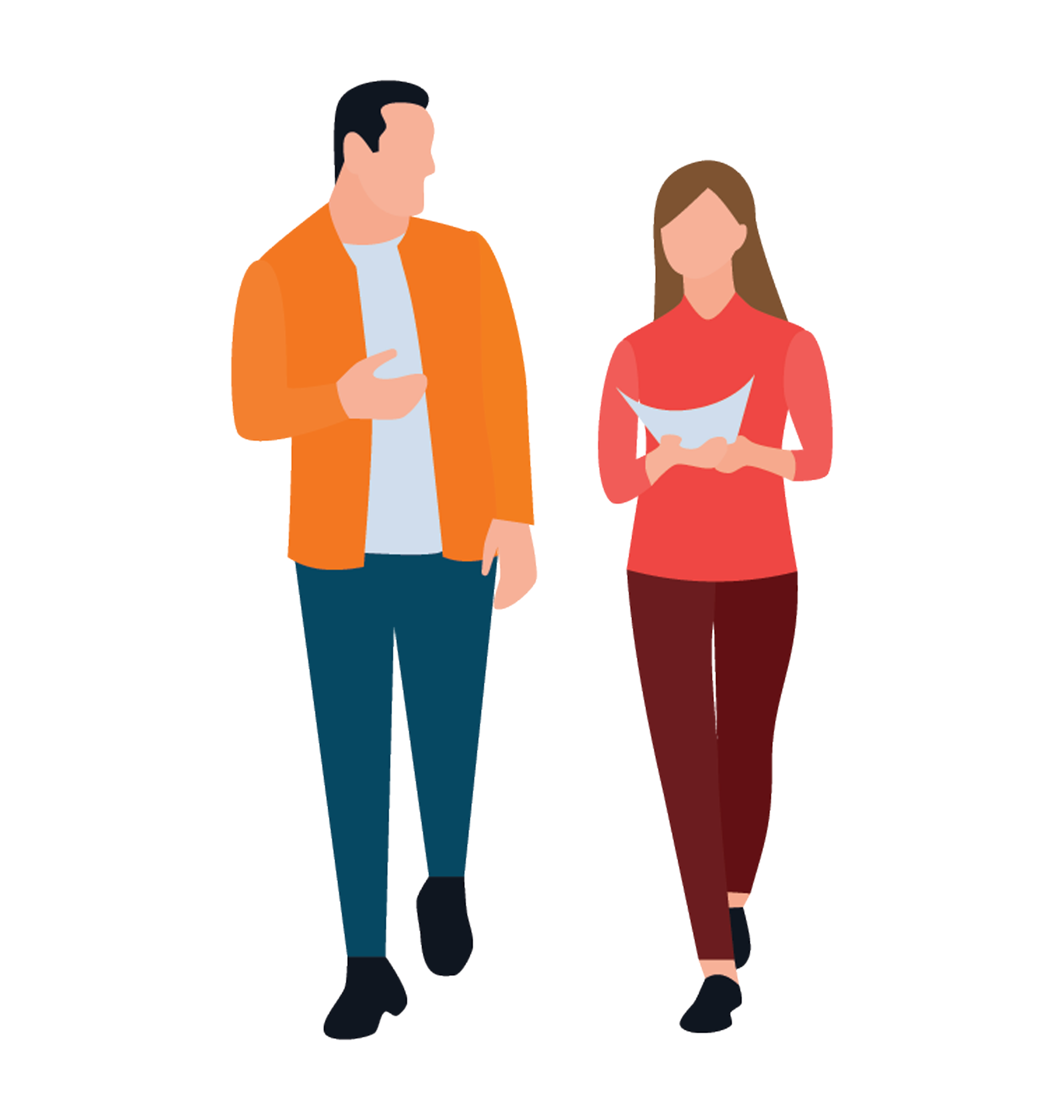 Two people walking side by side, one holding a sheet of paper