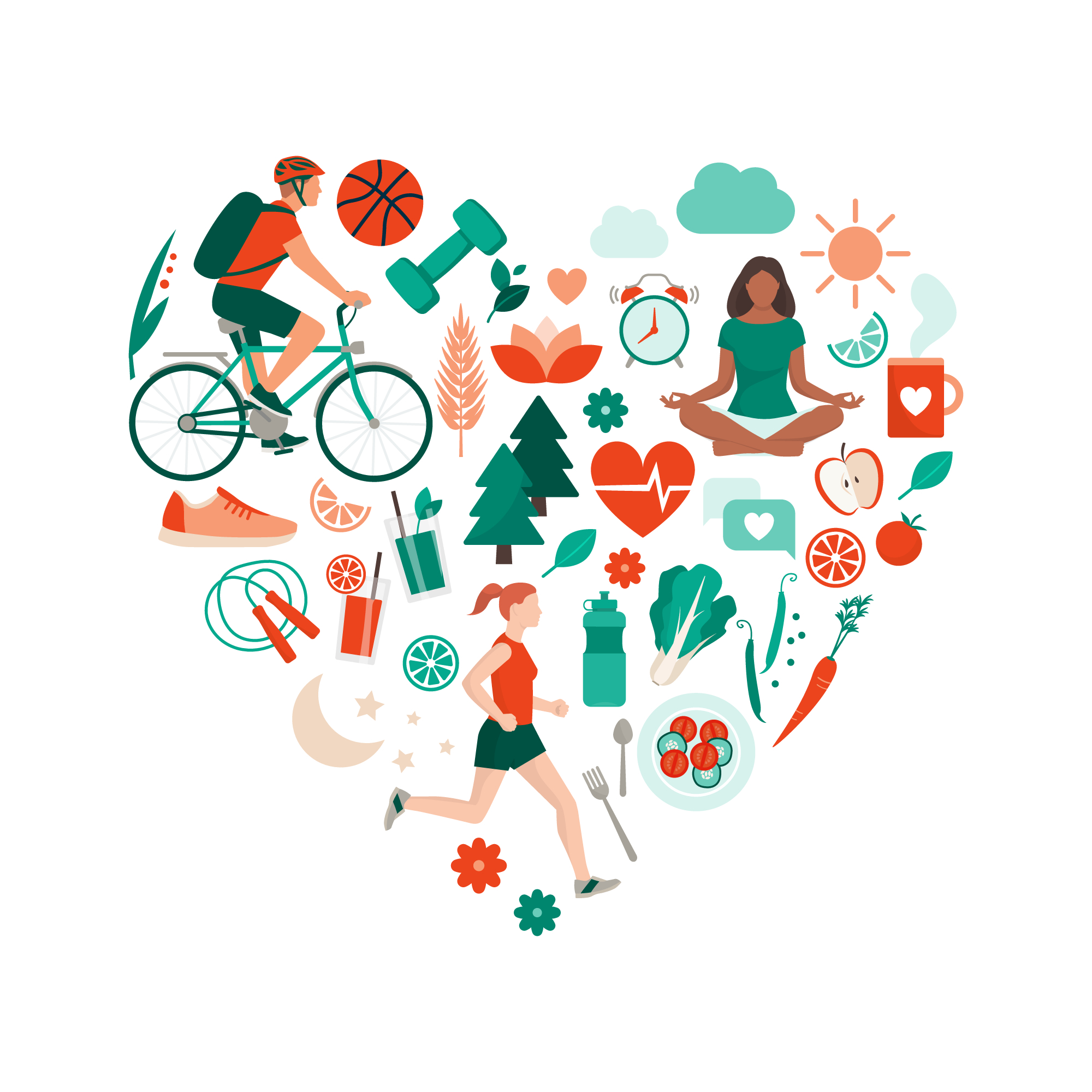 Lots of health and fitness icons arranged in the shape of a heart