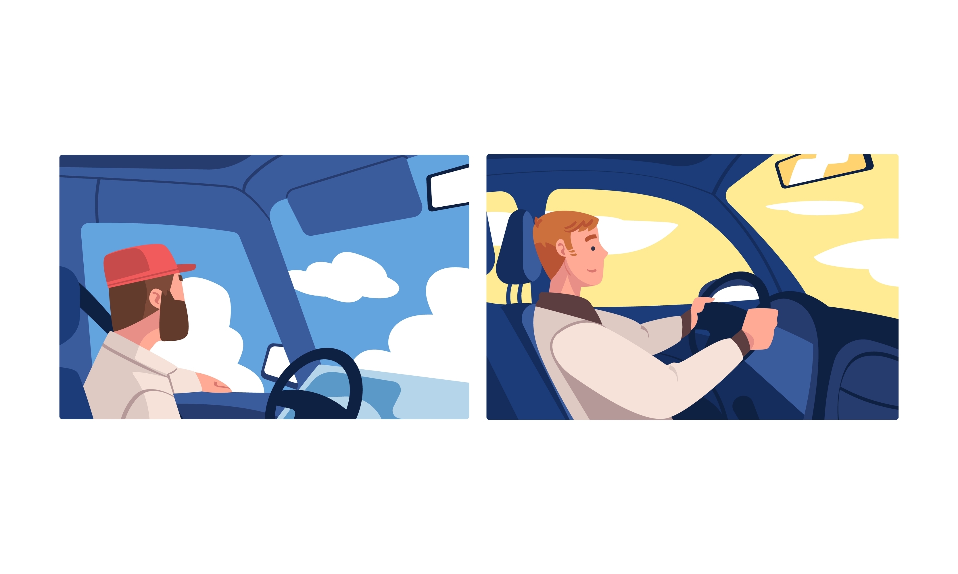 Image of two people driving cars in the day and the evening