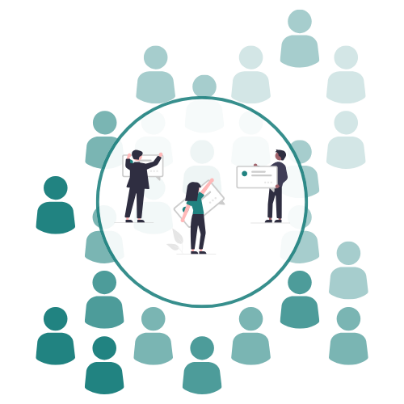 A group of people icons behind a circle with three people inside it, holding papers.