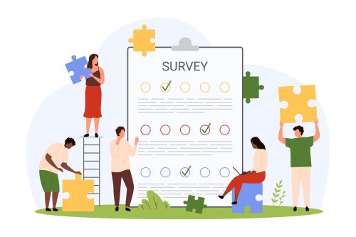 illustration of 5 people holding jigsaw pieces with a survey and checklist in the middle