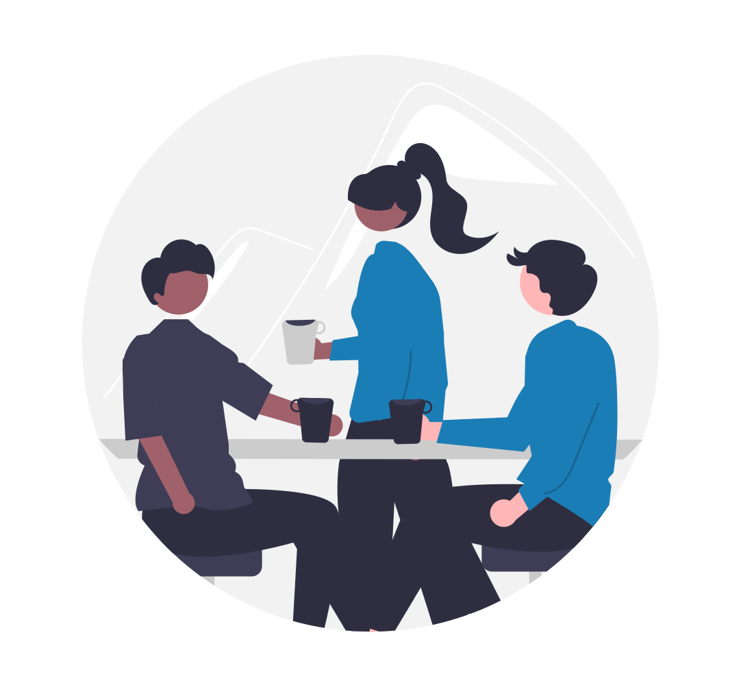 A group of three people, wearing blue. Meeting and conversing over coffee.