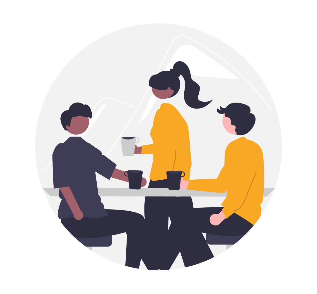 Three people sitting at a table with hot drinks, having a conversation.