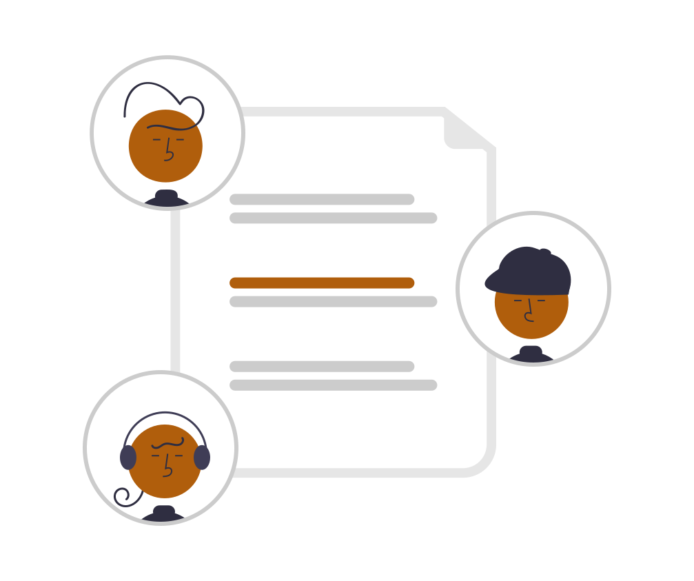 A document with three circles with heads in each circle, around the document with lines on it.