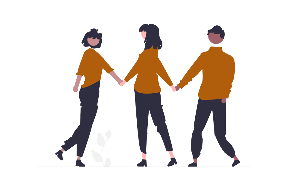 A stylised depiction of 3 people holding hands
