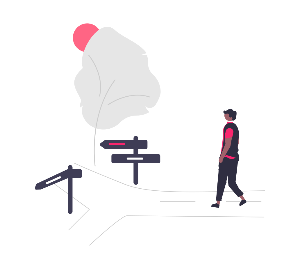 Person choosing between two routes on a sign posted path.